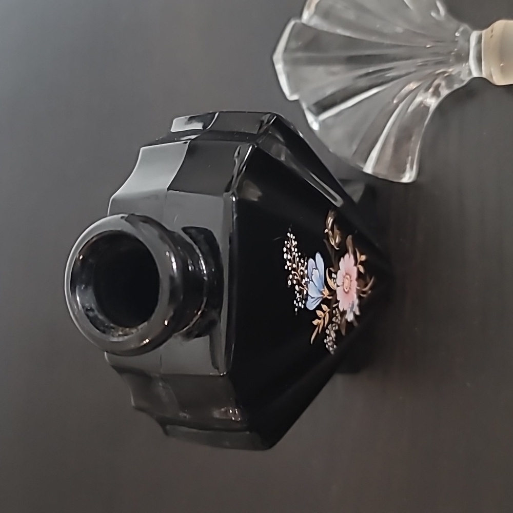 Vintage Black Glass Floral Empty Motif Perfume Bottle - Picture 7 of 9